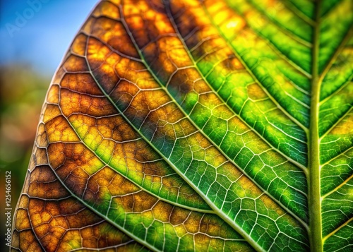 Obraz na płótnie Burned Leaf, Damaged Green Foliage, Closeup Detail, Nature Photography, Rule of Thirds Composition w salonie