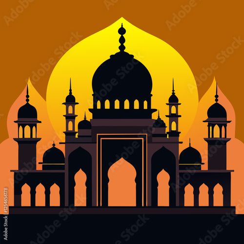 "A silhouette of a historic Islamic architectural structure with domes and multiple archways."