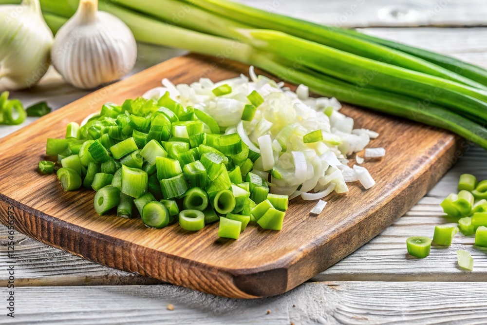 Chopped Leek Onion on Wooden Board - Top View Stock Photo Chopped Leek Onion on Wooden Board - Top View Stock Photo