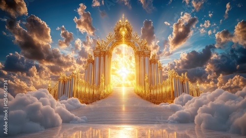Glory of Heaven: Stairway to Paradise through Golden Gates, Meeting God, Symbolizing Christianity, and Floating in the Sky