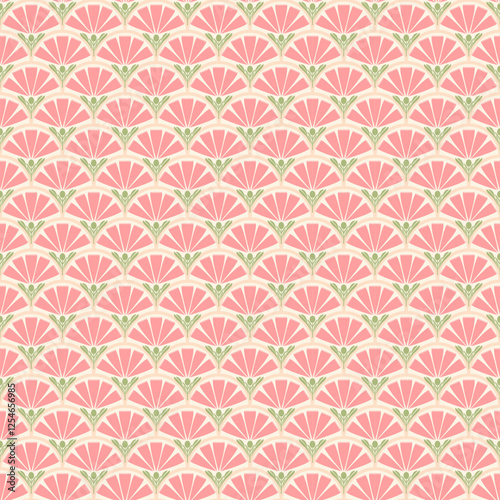 Wallpaper Mural Seamless floral pattern in a vintage art Deco aesthetic with delicate fan-like blossoms in soft pink and green tones. Perfect for textiles, wallpaper, stationery, and elegant packaging. Torontodigital.ca