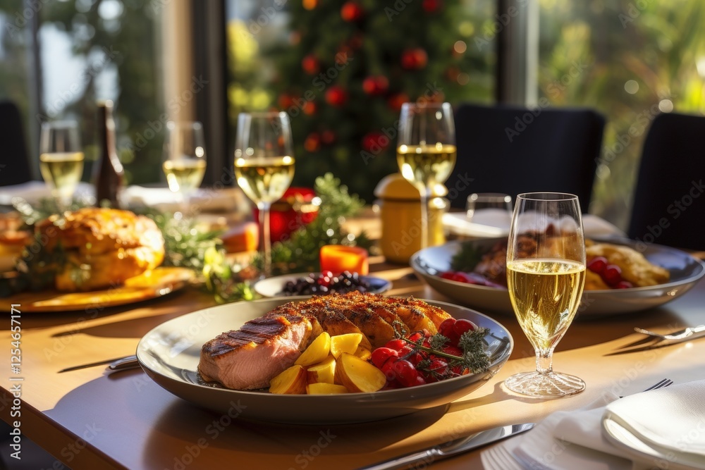 Elegant Table Setting with Delicious Meal Featuring Grilled Salmon, Potatoes, Fresh Vegetables, and Sparkling White Wine Surrounded by Holiday Decor Elegant Table Setting with Delicious Meal Featuring Grilled Salmon, Potatoes, Fresh Vegetables, and Sparkling White Wine Surrounded by Holiday Decor
