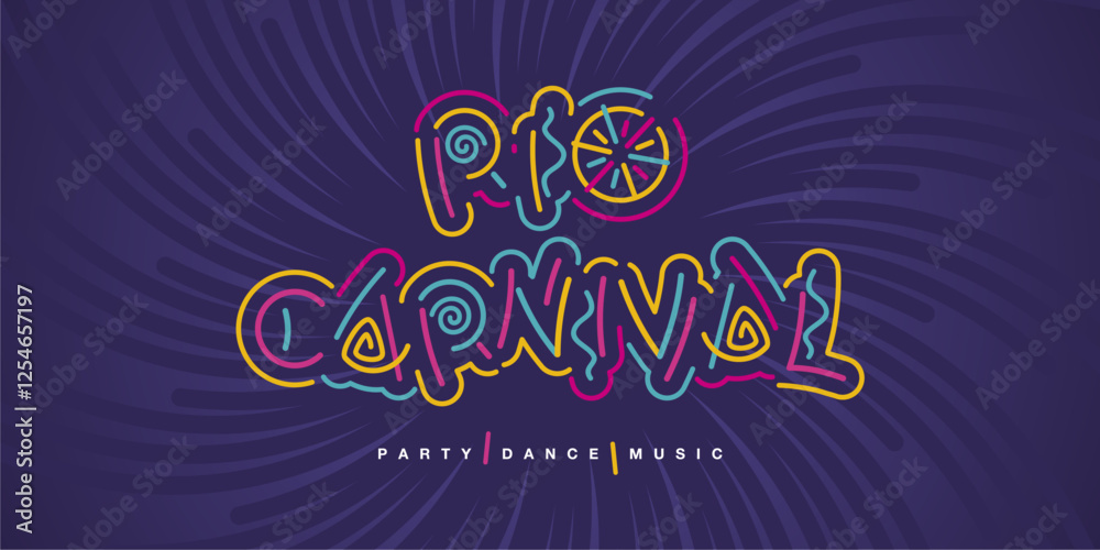 Rio Carnival 2025 new colorful handwriten line design typography. Rio Carnival logo title on purple background Rio Carnival 2025 new colorful handwriten line design typography. Rio Carnival logo title on purple background