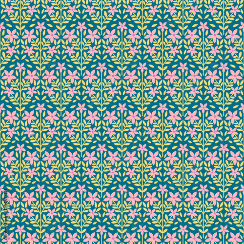 Vintage-inspired floral motif with bright pink petals and yellow leaves against a rich dark Teal Base. Perfect for textiles, wallpaper, digital prints and packaging.