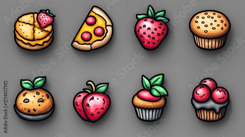 Colorful cartoon-style illustrations of various desserts and snacks arranged in a grid format
