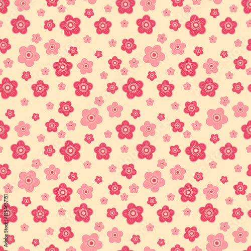 Soft and playful floral pattern with pink and red blossoms on a light beige background. Perfect for textiles, wallpapers, wrapping paper, and digital prints.