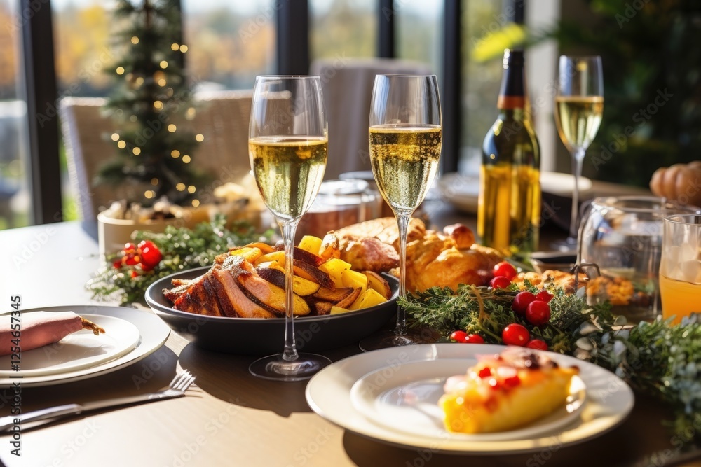 Elegant Table Setting with Delicious Meal and Sparkling Drinks Perfect for Festive Gatherings and Celebrations Elegant Table Setting with Delicious Meal and Sparkling Drinks Perfect for Festive Gatherings and Celebrations