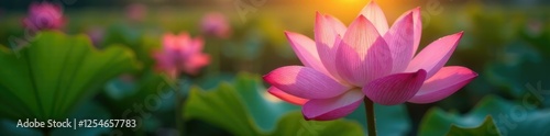 Water droplets on delicate pink lotus petals at dawn, dawn light, detail shots