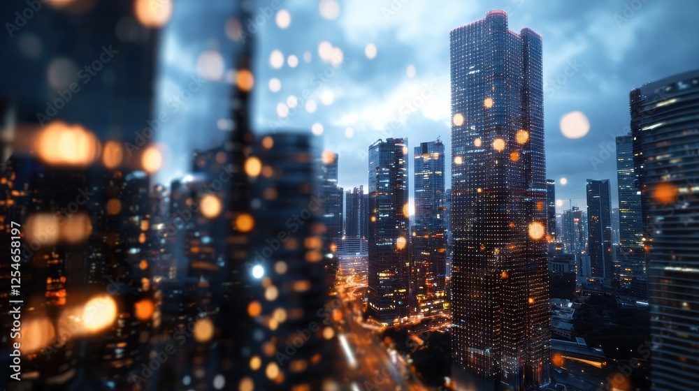 A vibrant city skyline at dusk, illuminated by glowing lights against a moody, overcast sky, creating a captivating urban scene. A vibrant city skyline at dusk, illuminated by glowing lights against a moody, overcast sky, creating a captivating urban scene.