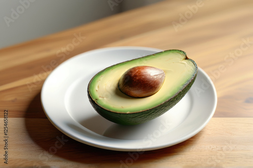 Ripe avocado on a white plate, placed on a rustic wooden table, healthy eating concept