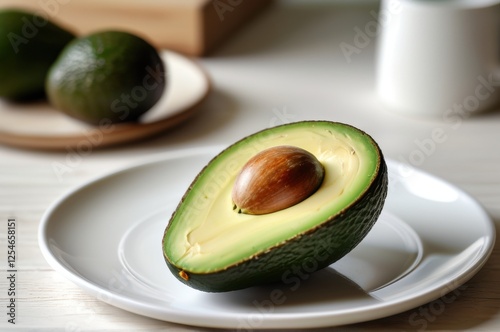 Ripe avocado on a white plate, placed on a rustic wooden table, healthy eating concept