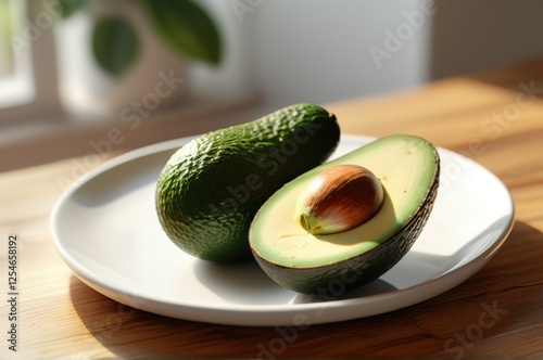 Ripe avocado on a white plate, placed on a rustic wooden table, healthy eating concept