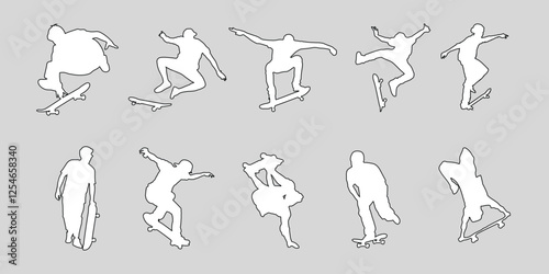 Set of vector silhouettes of skateboarder, black color isolated on grey background