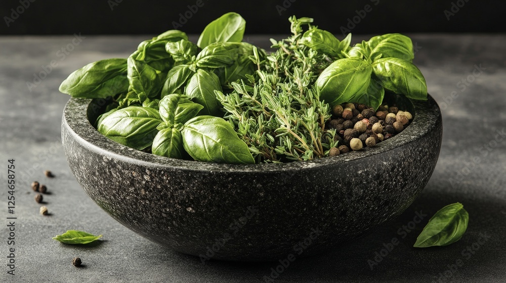 A bowl filled with fresh basil, thyme, and mixed peppercorns on a dark surface. A bowl filled with fresh basil, thyme, and mixed peppercorns on a dark surface.