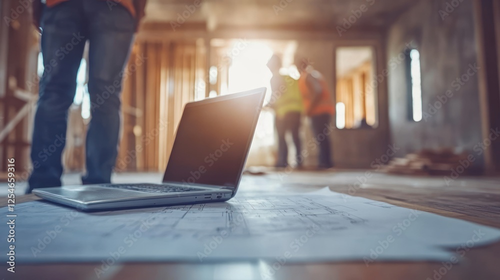 Laptop on blueprints at construction site. Laptop on blueprints at construction site.
