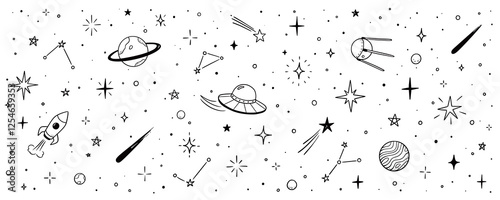 Space star vector kid universe background. Hand drawn doodle sketch style space cute galaxy background. Hand drawn kid galaxy universe pattern. Planet, rocket, star element. Vector illustration