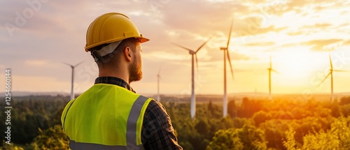 Worker sunset wind farm view. Green energy