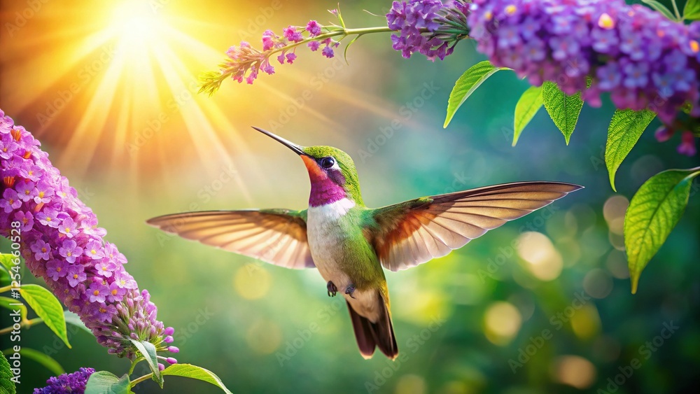 Fototapeta premium Hummingbird Feeding on Butterfly Bush Flowers, Vibrant Nature Scene