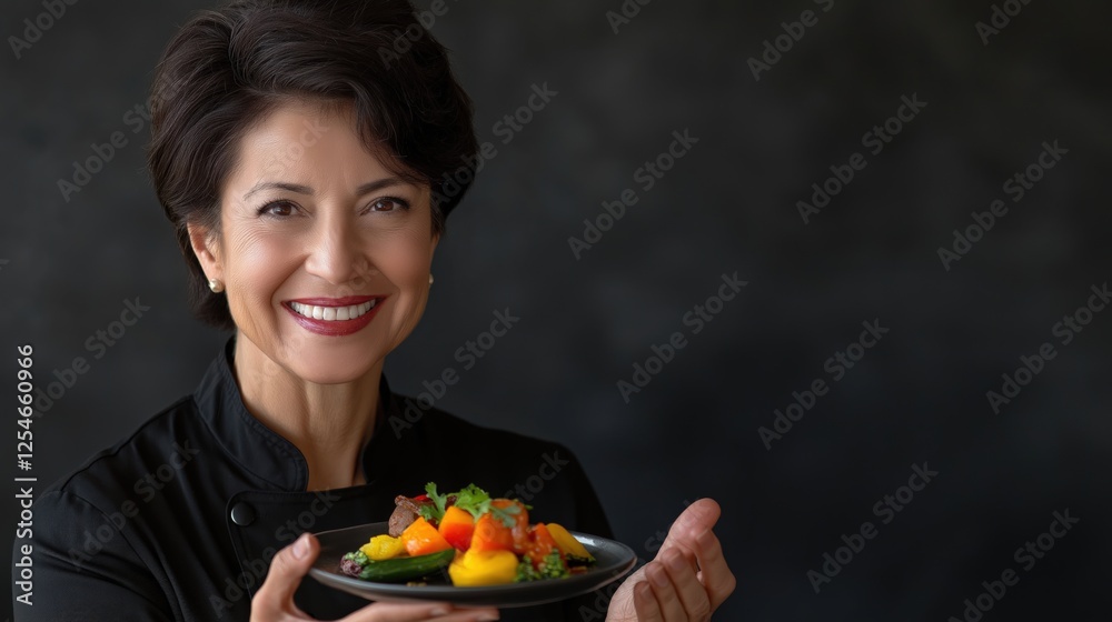 Smiling chef holds out his dish in restaurant Smiling chef holds out his dish in restaurant