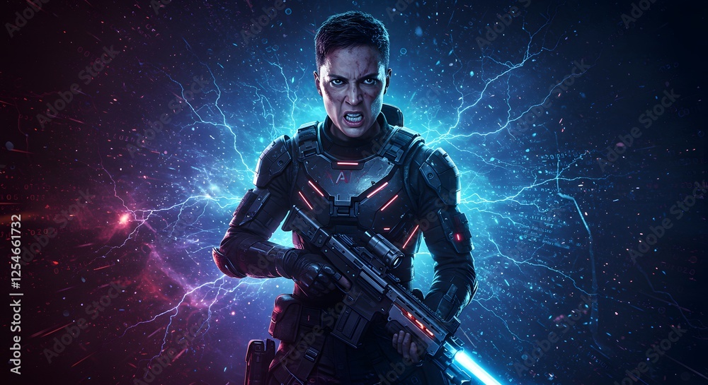 Fototapeta premium Futuristic Warrior Woman Holding Weapon in Space Lightning Background Scene