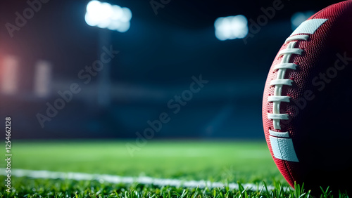 Super bowl Sunday Background, Glowing Stadium Lights and American Football on Turf with Clean Gradient Background for Copy Space
