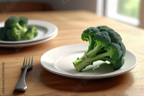 Fresh broccoli on a white plate, placed on a rustic wooden table, healthy eating and clean lifestyle concept