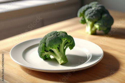 Fresh broccoli on a white plate, placed on a rustic wooden table, healthy eating and clean lifestyle concept