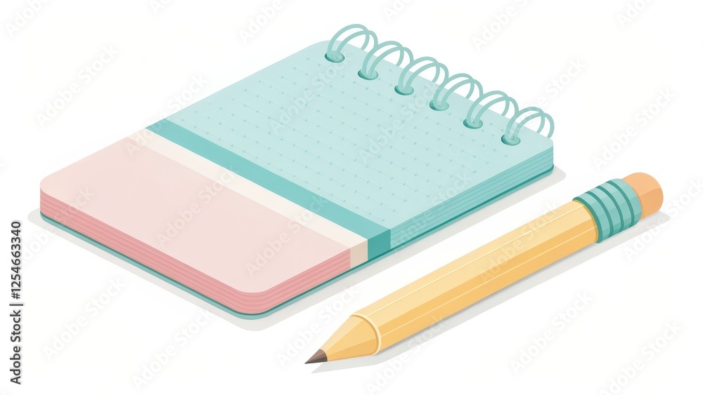 Isometric Spiral Notebook and Pencil Pastel Design Isometric Spiral Notebook and Pencil Pastel Design
