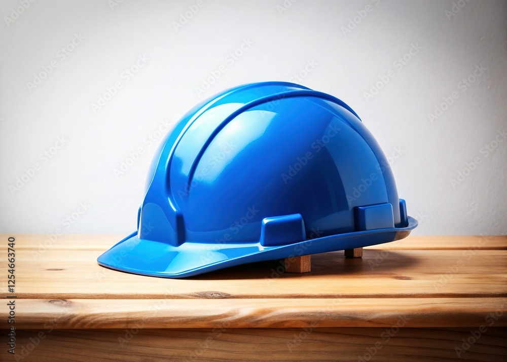Fototapeta premium Minimalist Blue Hard Hat on Table - Safety Gear Stock Photo