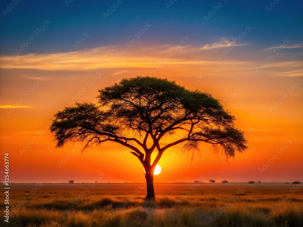 Minimalist Botswana Sunset: Silhouette of African Tree Minimalist Botswana Sunset: Silhouette of African Tree