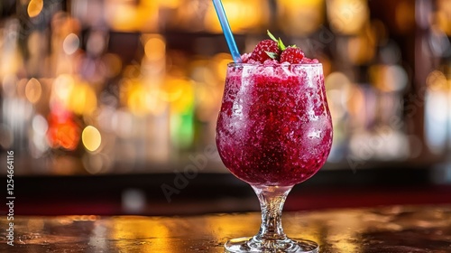 Refreshing Raspberry Slushy Cocktail at a Vibrant Bar photo