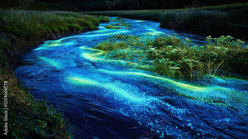 A serene river illuminated by bioluminescent algae, surrounded by lush greenery at dusk