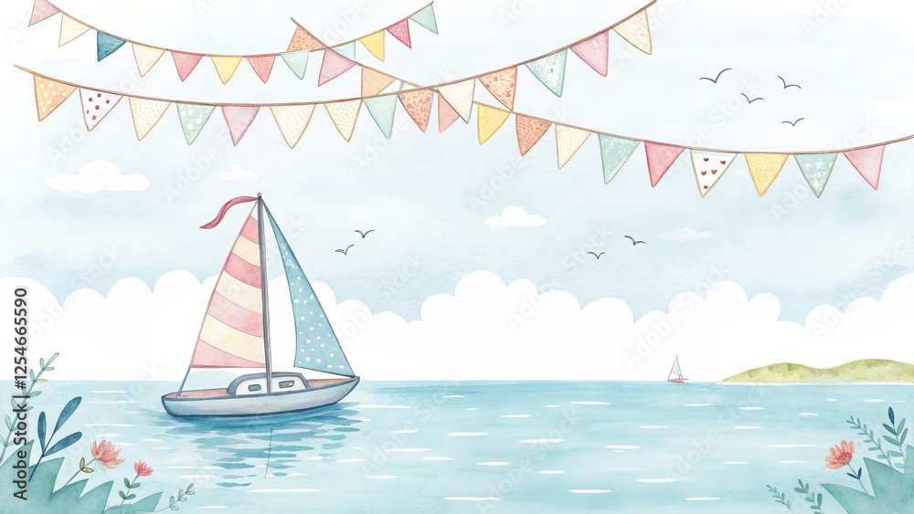 Fototapeta premium Watercolor Sailboat and Bunting Festive Seascape Illustration