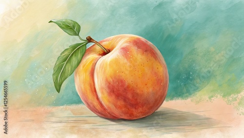 Watercolor Peach Still Life Composition on Textured Background
