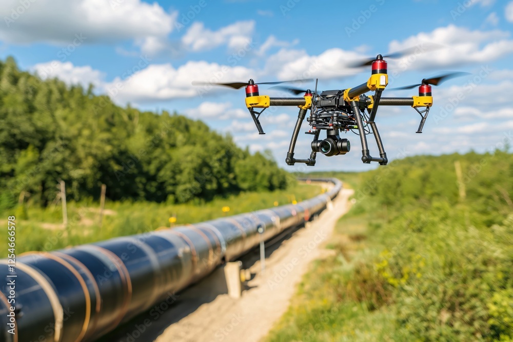 Drone inspection over pipeline with blue sky and green landscape for industrial safety check Drone inspection over pipeline with blue sky and green landscape for industrial safety check
