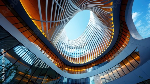 Bright modern ceiling, abstract curved architecture, sleek facade of a contemporary building in Shenzhen, China, innovative urban design

 photo