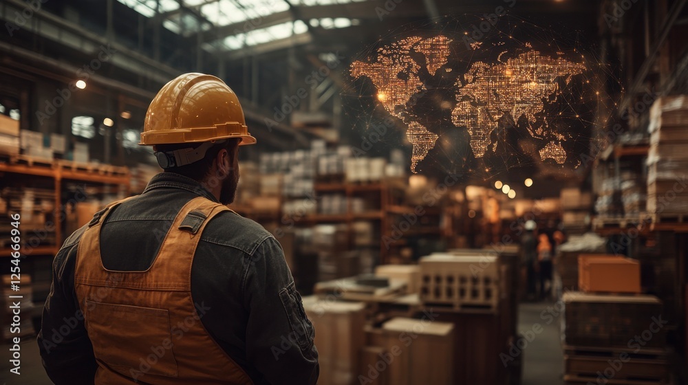 Worker in Safety Gear Observing Warehouse with Global Connectivity Map Worker in Safety Gear Observing Warehouse with Global Connectivity Map