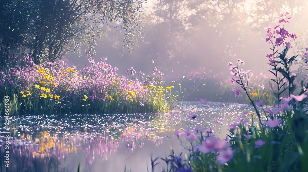 Obraz premium Serene riverbank landscape with wildflowers in bloom reflecting in the calm water surface