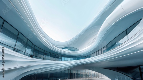 Bright modern ceiling, abstract curved architecture, sleek facade of a contemporary building in Shenzhen, China, innovative urban design


