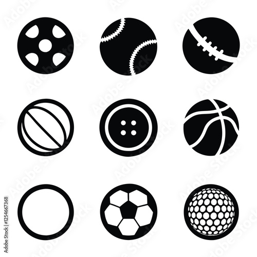 Football (Soccer Ball), Basketball, Baseball, Tennis Ball, Cricket Ball, Golf Ball, Volleyball, Rugby Ball, American Football, Hockey Ball, Ping Pong Ball icon set