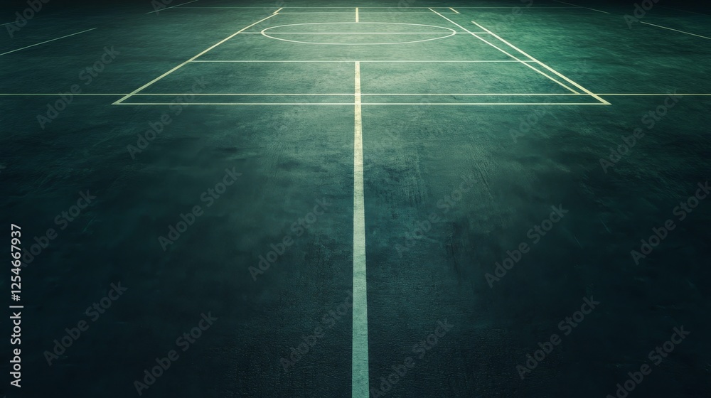 A dark sports court floor with a subtle texture, lightly distressed for realism, lit with low, dim ambient light. The surface should be smooth and matte with soft shadows along the edges to enhance A dark sports court floor with a subtle texture, lightly distressed for realism, lit with low, dim ambient light. The surface should be smooth and matte with soft shadows along the edges to enhance