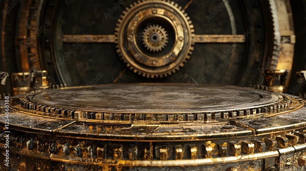 Fototapeta premium Intricate Golden Gears and Metallic Platform A Steampunk Inspired Stage for Product Display