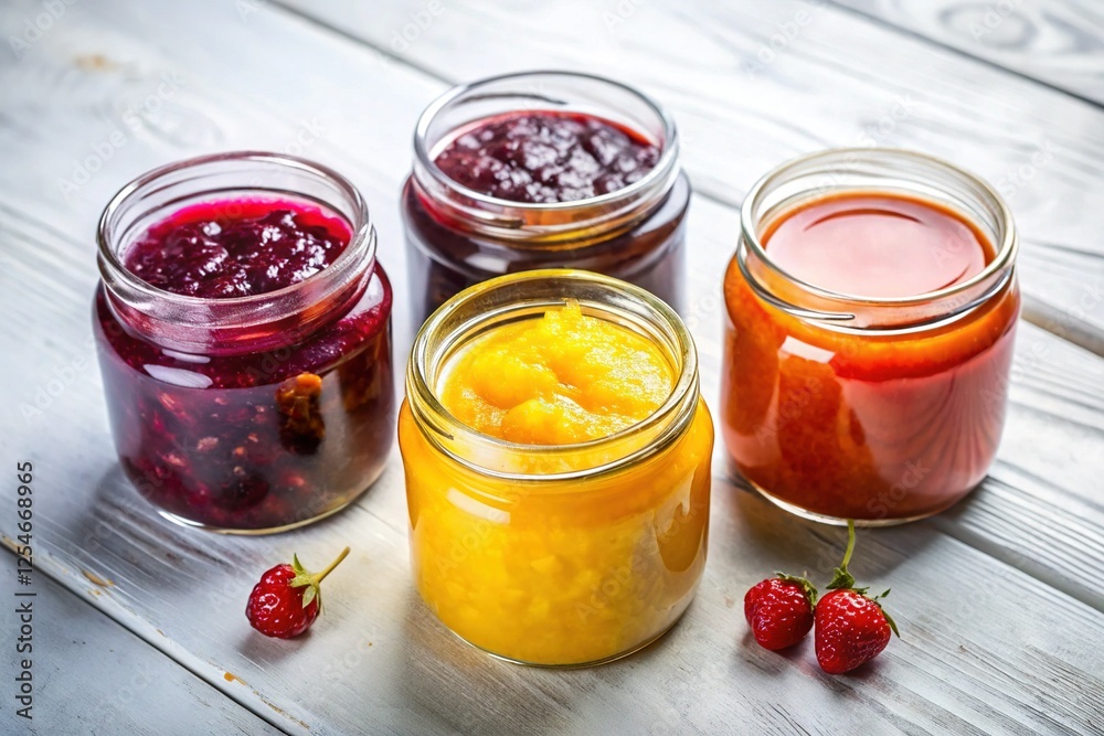 Three Delicious Flavors: Assorted Fruit Jams in Glass Jars Three Delicious Flavors: Assorted Fruit Jams in Glass Jars