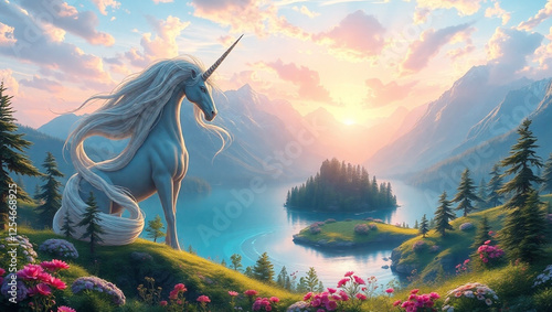 Majestic unicorns with high mountains, clear lakes, vibrant sunsets, and magical fantasy landscape. photo