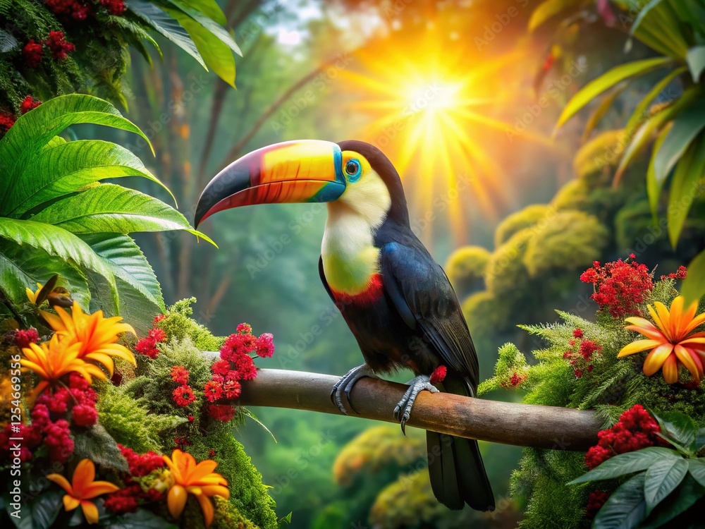 Obraz premium Vibrant Toucan Amongst Lush Brazilian Rainforest Flora