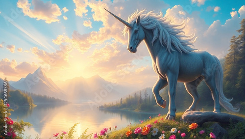 Majestic unicorns with high mountains, clear lakes, vibrant sunsets, and magical fantasy landscape. photo