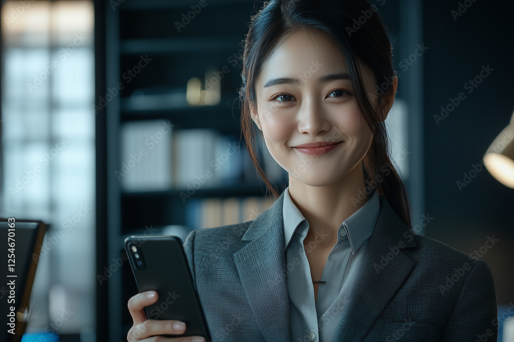 A fashionable portrait of an Asian woman, smiling, holding a smartphone, in the tax office, professionally dressed A fashionable portrait of an Asian woman, smiling, holding a smartphone, in the tax office, professionally dressed