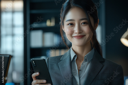A fashionable portrait of an Asian woman, smiling, holding a smartphone, in the tax office, professionally dressed Free Download A fashionable portrait of an Asian woman, smiling, holding a smartphone, in the tax office, professionally dressed - GFXLoad