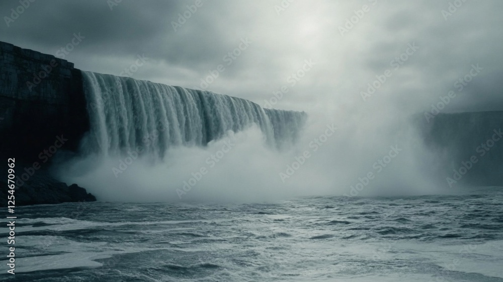Dramatic Icelandic waterfall, powerful flow, moody sky, travel poster Dramatic Icelandic waterfall, powerful flow, moody sky, travel poster