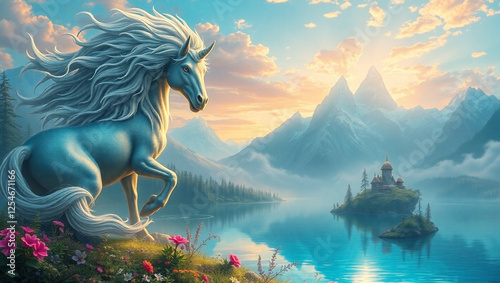 Majestic unicorns with high mountains, clear lakes, vibrant sunsets, and magical fantasy landscape. photo